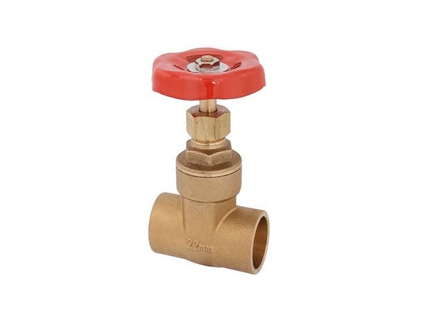 Absperrventil aus Messing mit rotem Handrad, 22 Millimeter