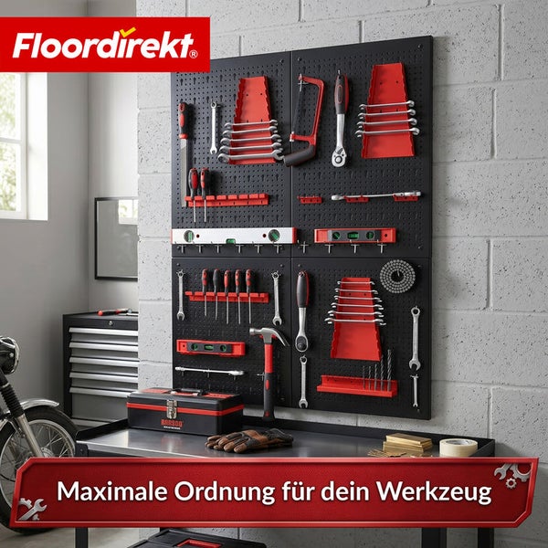 Floordirekt Logo. Organisierte Werkstattwand mit Lochplattensystem und Werkzeugen wie Schraubenschlüsseln, Hammer und Wasserwaagen.