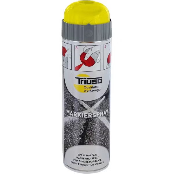Triuso Markierspray in einer Sprühdose mit gelber Schutzkappe und illustrierten Anwendungsschritten auf dem Etikett.