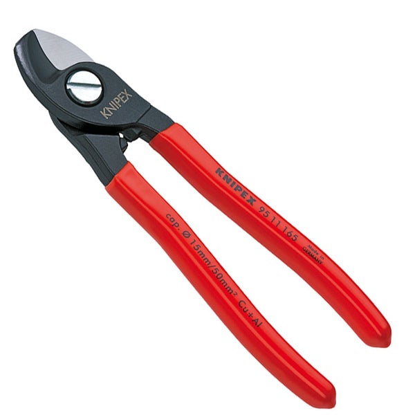Knipex Kabelschere für Kupfer- und Aluminiumkabel bis 15 Millimeter Durchmesser mit roten Griffhüllen.