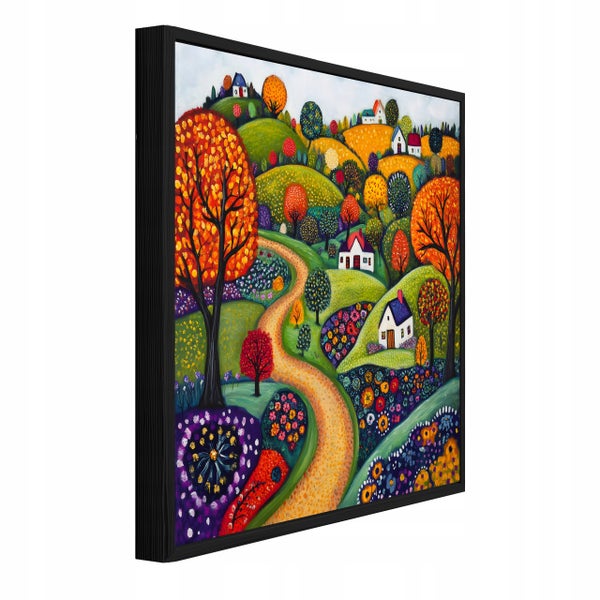 Wandbild mit einer farbenfrohen Hügellandschaft und Häusern in einem schwarzen Rahmen in perspektivischer Ansicht