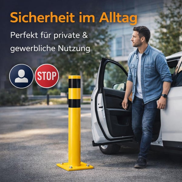 Gelber Absperrpfosten mit schwarzen Streifen neben einem Auto zur Absicherung von privaten und gewerblichen Flächen im Alltag.