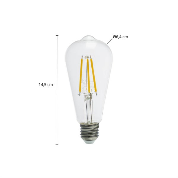 LED-Filament-Leuchtmittel in Edison-Form aus Klarglas, Höhe 14,5 Zentimeter, Durchmesser 6,4 Zentimeter.