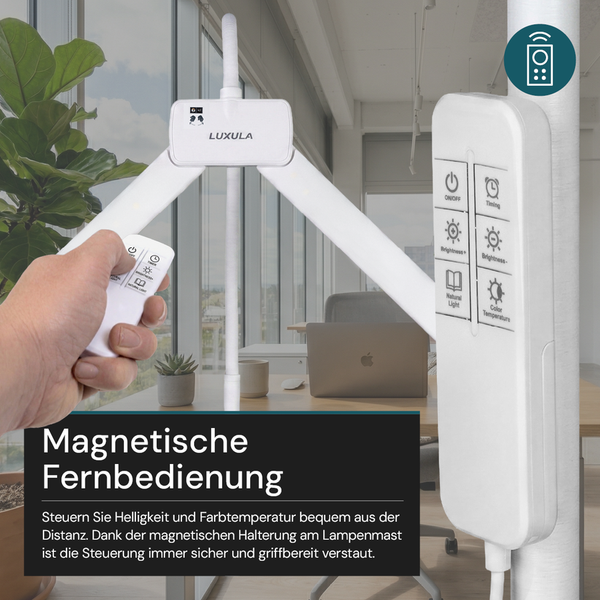 Magnetische Fernbedienung für Schreibtischleuchte zur Steuerung von Helligkeit und Farbtemperatur in einem hellen Büro, Luxula Logo.