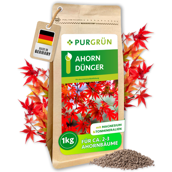 Purgrün Ahorndünger, 1 Kilogramm Beutel für circa 2 bis 3 Ahornbäume, mit Magnesium und Tonmineralien, inklusive Granulat und Made in Germany Siegel.