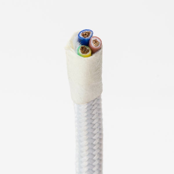 Extra dünnes Textilkabel, Weiß, Textilummanteltes Stoffkabel, Stromkabel dünn / 3-adrig 3x0,75mm , Meterware