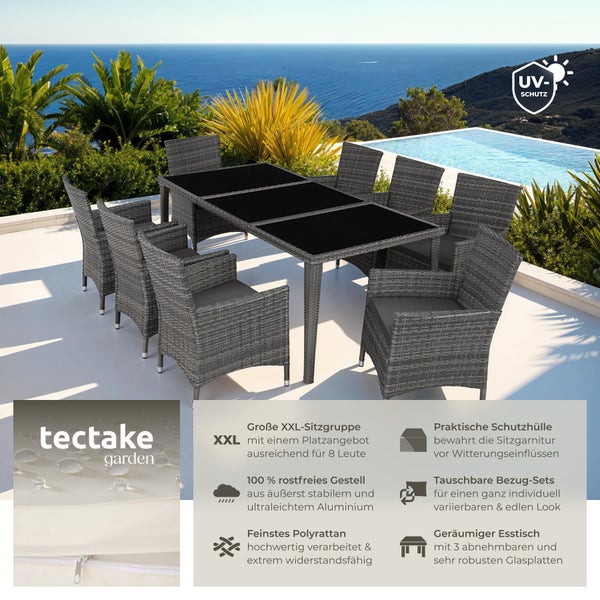 Rattan Sitzgruppe tectake Menorca 2 Bezugssets, inklusive Schutzhülle mit Aluminiumgestell grau