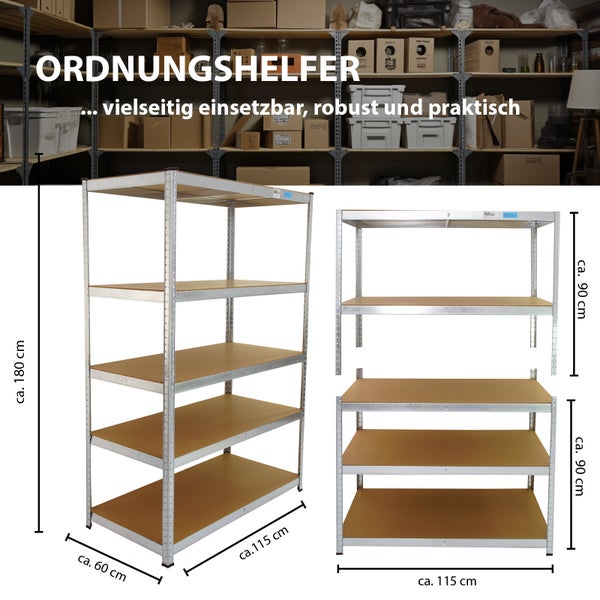 Ein modulares Metallregal mit Holzböden in zwei Aufbauvarianten, hochkant mit 180 Zentimeter Höhe oder als zwei separate Regale mit 90 Zentimeter.