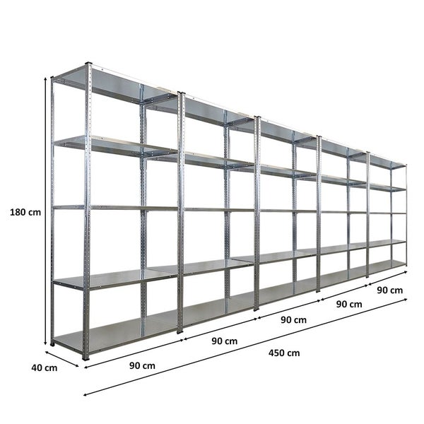 Langes Metallregal mit mehreren Regalböden und Abmessungen.
