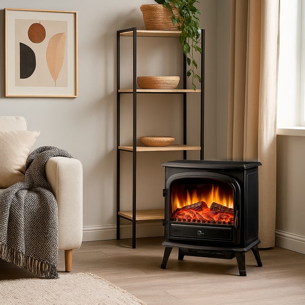 Schwarzer Elektrokamin mit realistischem Flammeneffekt und brennenden Holzscheiten in einem modernen, hellen Wohnzimmer mit Regal und Sofa.