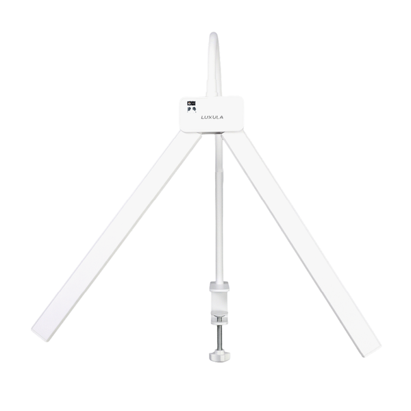 Weiße LED-Pflanzenlampe mit zwei verstellbaren Lichtleisten und Tischklemme von Luxula.