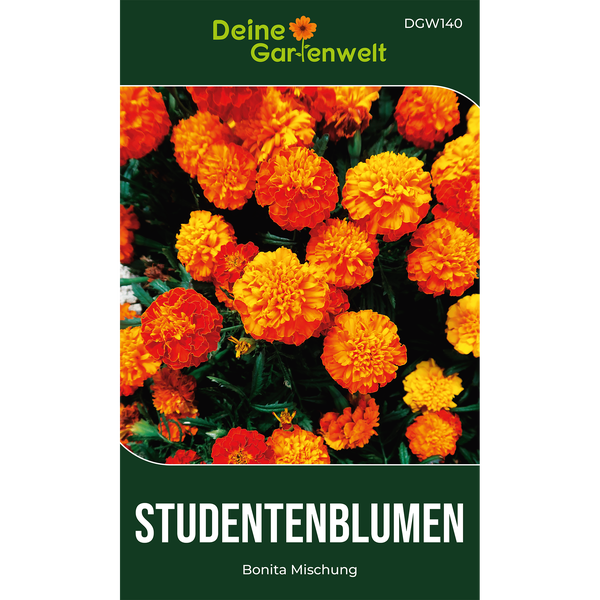 Samentüte für Studentenblumen Bonita Mischung von Deine Gartenwelt mit einer Nahaufnahme von orangefarbenen und gelben Blüten.