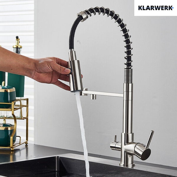 Bernd | 3 Wege Gastronomie Silber gebürstet Filtermatur | Feder Edelstahl Osmose Wasserhahn Küche | Restaurant Mischbatterie 360° drehbar 2 Anschlüsse