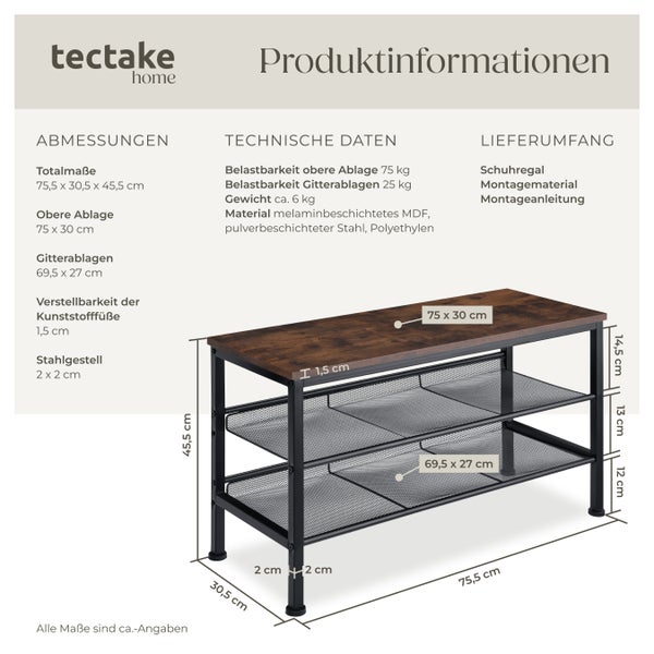 Produktinformationen Schuhregal mit Maßen und technischen Daten.