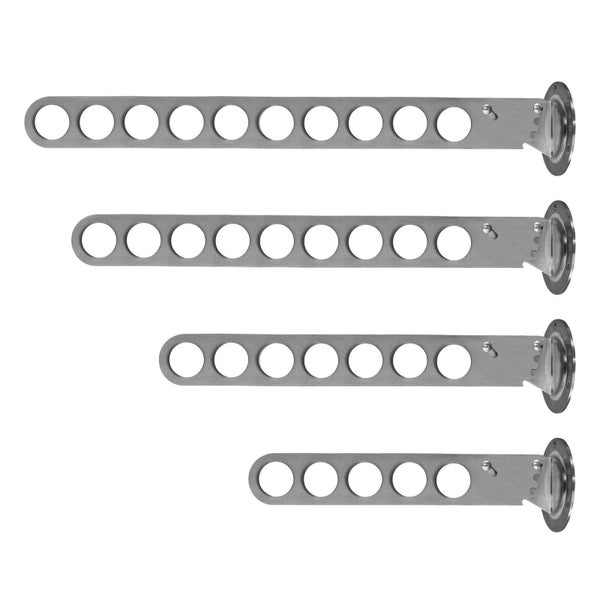 Vier ausklappbare Kleiderlüfter aus Metall in verschiedenen Längen mit runden Öffnungen für Kleiderbügel.