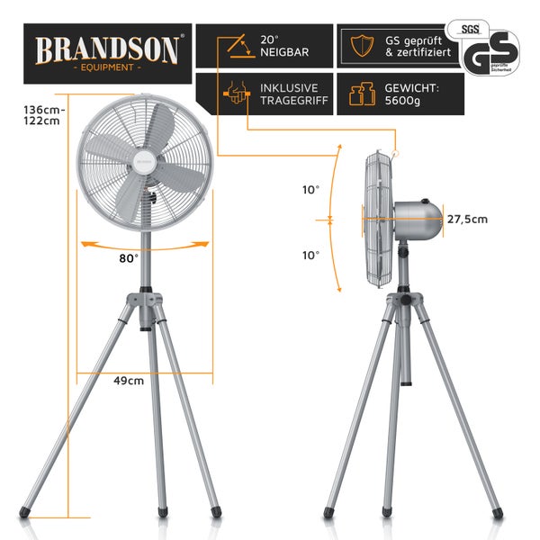 Brandson Standventilator 45 cm mit 3 Geschwindigkeiten, Ventilator mit Dreibein-Stativ, 60 Watt, oszillierend, Silber/Edelstahl