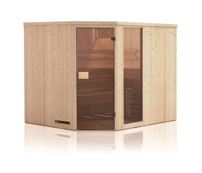 Ecksauna aus hellem Holz für den Innenbereich mit Glastür und Inneneinrichtung.