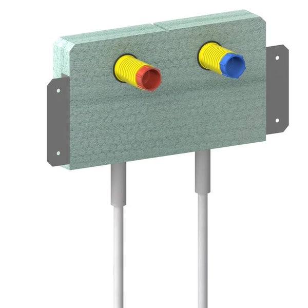 Montageeinheit für Wasseranschlüsse mit Dämmblock, Metalllaschen und Wellrohren für Kalt- und Warmwasser.