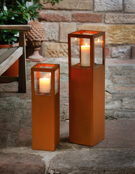 FRANK FLECHTWAREN | Windlichtsäule Trend, 2er Set, METALL, 15 x 15 x 55 cm, 18 x 18 x 74 cm, Kerzenteller für Kerzen Ø 9 cm, 12 cm geeignet, ohne Kerzen