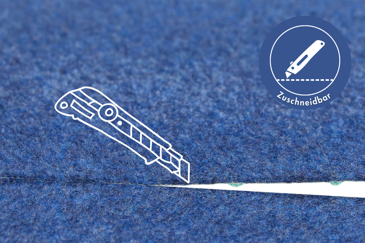 Blauer Nadelfilz Teppich auf Rolle, Zuschnitt nach Maß mit bis zu zwei Prozent Größenabweichung möglich.