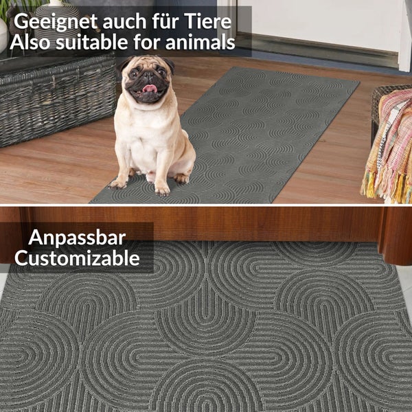 Grauer Läufer mit kreisförmigem Wellenmuster, für Haustiere geeignet und individuell zuschneidbar.