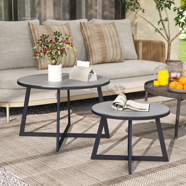 Outsunny 2er Set Beistelltisch Stapelbar Gartentisch Rund wetterfest Balkontisch mit X-Beine Glasplatte Stahl Campingtisch Kaffeetisch für Wohnzimmer Büro Outdoor Indoor Schwarz+Grau
