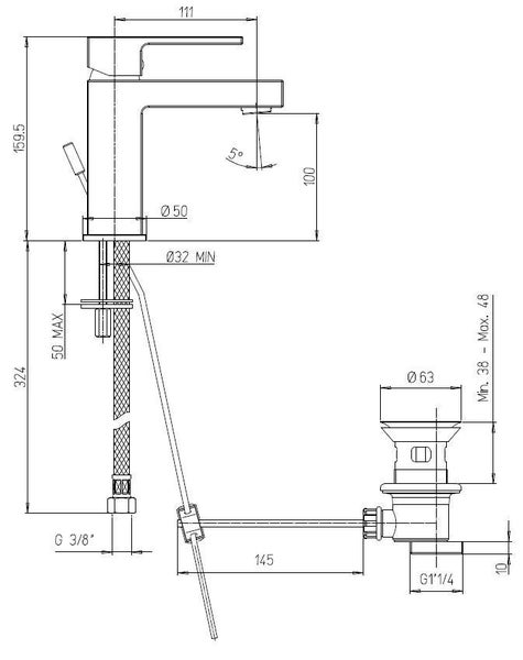 Technische Zeichnung eines Wasserhahns mit Maßangaben