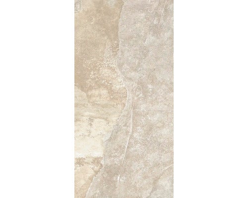 Feinsteinzeugfliese in Natursteinoptik, beige-grau, rechteckig, für Wand und Boden geeignet.