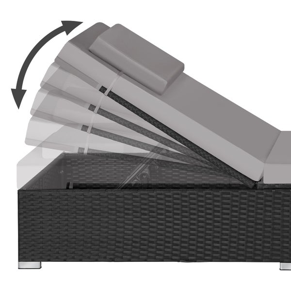 Sonnenliege aus Polyrattan mit verstellbarer Rückenlehne und grauen Auflagen, Darstellung verschiedener Neigungswinkel