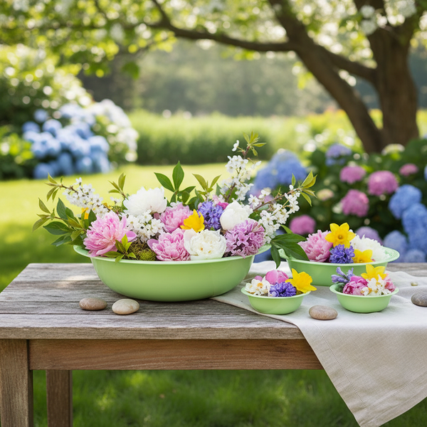 Mehrere grüne Schalen mit bunten Blumenarrangements auf einem Holztisch in einem hellen Garten.