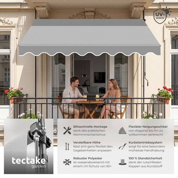 tectake garden Klemmmarkise auf einem hellen Balkon, grauer Polyesterstoff, UV-Schutz 50 plus, wasserabweisend, höhenverstellbar mit Kurbelantrieb.