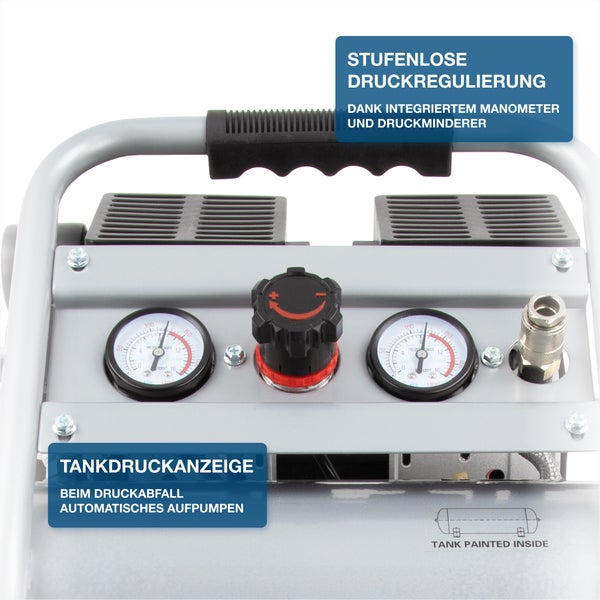 Kompressor Bedienpanel mit zwei Manometern, stufenloser Druckregulierung und Tankdruckanzeige.