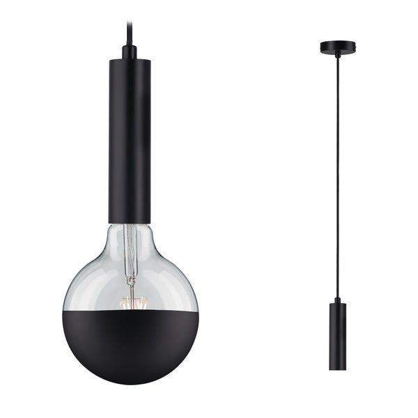 Schwarze Pendelleuchte mit zylindrischer Fassung und großer Glaskugel mit schwarzer Unterseite.