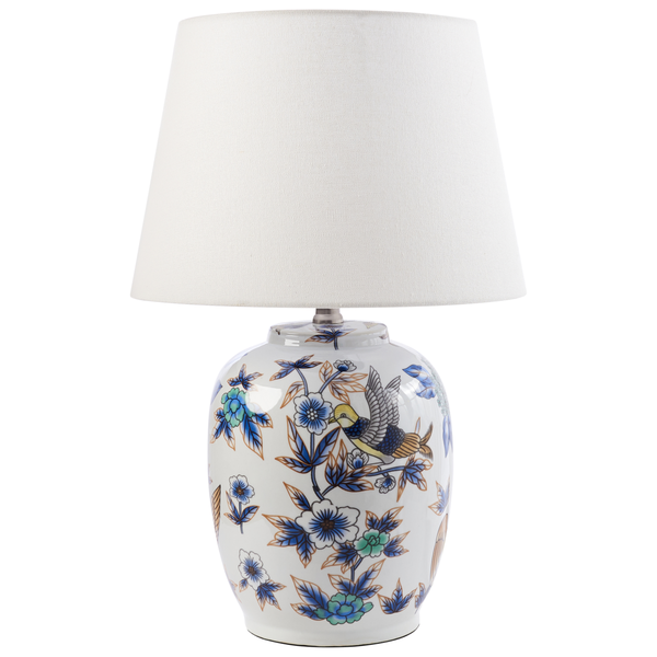 Tischleuchte mit Stoffschirm und Blumendekor