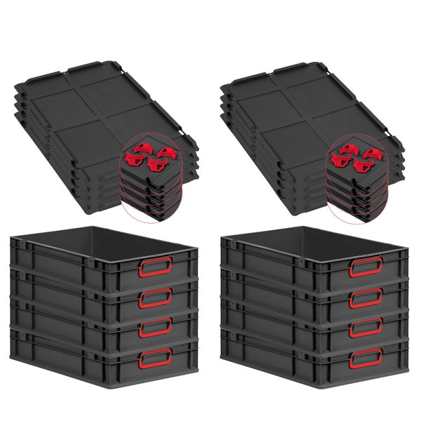 PROREGAL SuperSparSet 8x Eurobox NextGen Color mit Auflagedeckel und Schiebeschnappverschlüsse, HxBxT 12x40x60cm, 23 Liter, Schwarz, Griffe rot geschlossen, Eurobehälter, Transportbox, Transportbehälter, Stapelbehälter
