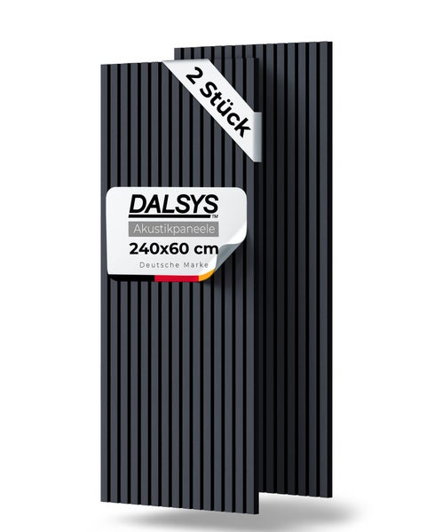 Dalsys Akustikpaneele in Anthrazit im 2er-Set, Maße 240 mal 60 Zentimeter, mit vertikaler Lamellenstruktur.