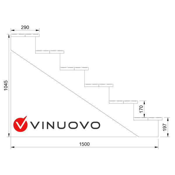 Technische Zeichnung einer Treppe mit Maßangaben und Vinuovo Logo.