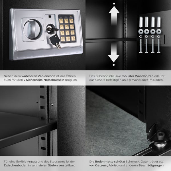 Detailansichten eines Tresors mit digitalem Zahlencode, Notfallschlüsseln, verstellbarem Innenboden, Montagematerial und Bodenschutzmatte