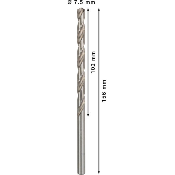 Fünf Bosch Pro Metall HSS-G Bohrer, 7,5 mm Durchmesser, in Kunststoffverpackung.