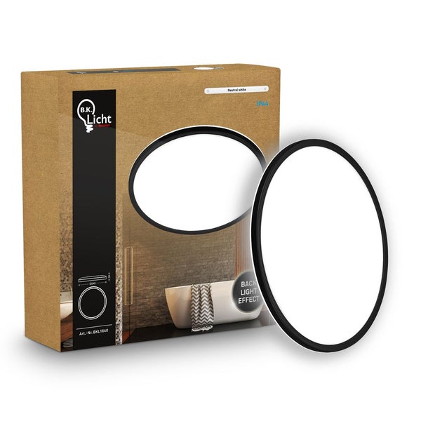 Runde Deckenleuchte in Schwarz mit neutralweißem Licht und Hintergrundbeleuchtung, Produktverpackung, spritzwassergeschützt, B.K. Licht Logo.