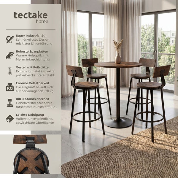 tectake home Logo, Bar-Set im Industrial-Stil mit rundem Tisch und vier Barhockern in Holzoptik und schwarzem Stahl sowie Auflistung der Merkmale.