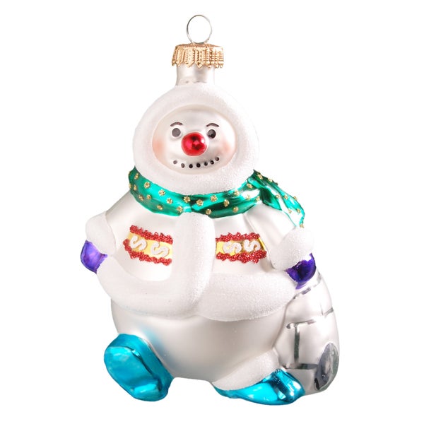 Weiß/Blau 11cm Schneemann mit Schal, Glasornament, mundgeblasen und handdekoriert, 1 Stck.