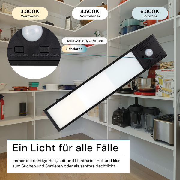 LED Lampe mit einstellbarer Helligkeit und Lichtfarbe in einem Vorratsschrank.