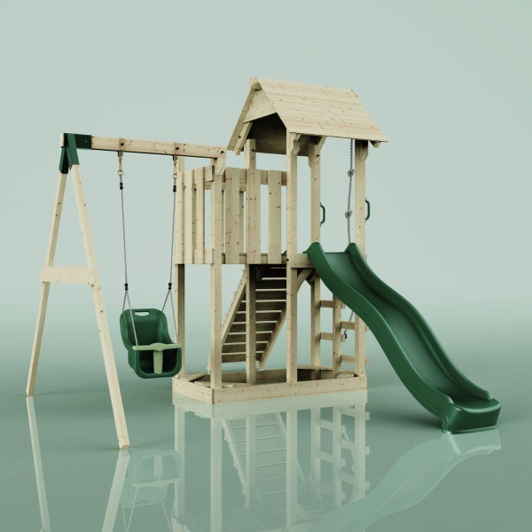 Spielplatz mit Schaukel, Turm, Treppe und Rutsche