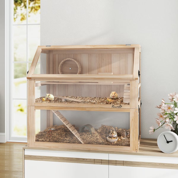PawHut Hamsterkäfig aus Holz 3 Etagen Nagarium Nagerkäfig Kleintierkäfig mit klappbarem Deckel Laufrad und Zubehör, Kleintierstall Holzkäfig Käfig für Hamster Zwerghamster 80 x 50 x 76 cm Naturholz