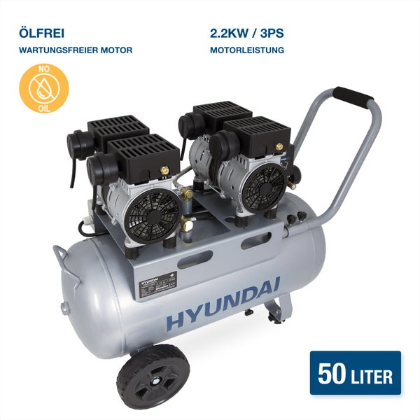 Hyundai ölfreier Kompressor mit 50 Liter Tankvolumen und 2,2 Kilowatt Motorleistung