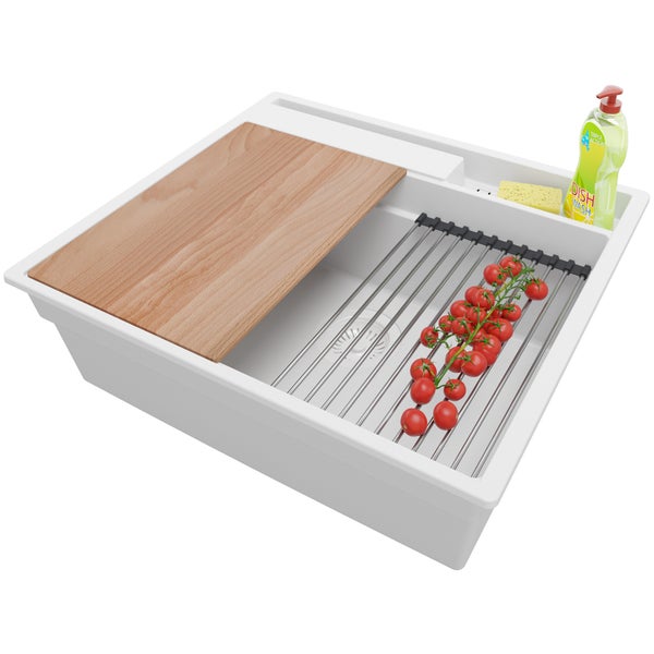 PRIMAGRAN Spülbecken Alles Weiß 58x53cm, Granitspüle 1 Becken + Ablauf-Set + Küchenzubehörset, Küchenspüle ab 60er Unterschrank - Oslo Pocket