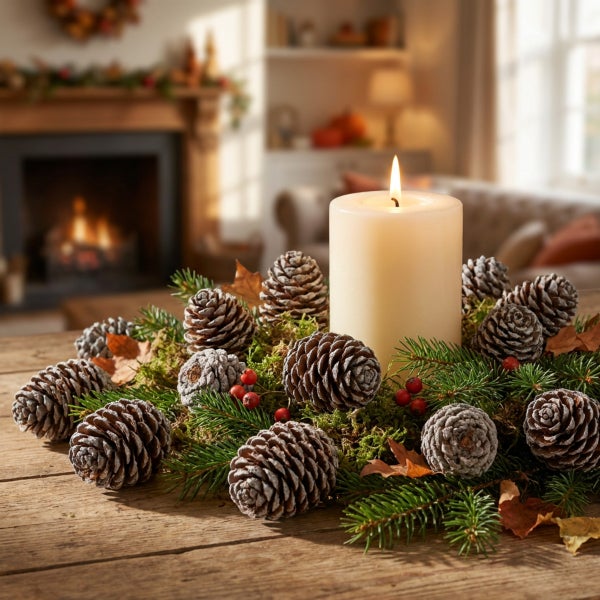 Herbstliche Tischdekoration mit brennender Stumpenkerze, Tannenzweigen, Kiefernzapfen und Beeren auf einem Holztisch vor einem Kamin.