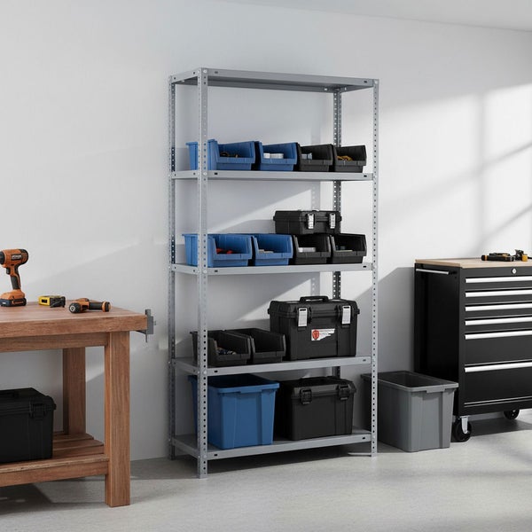 Graues Metallregal in einer hellen, organisierten Werkstatt mit blauen Lagerboxen, Werkzeugkoffern, einer Holzwerkbank und einem Werkstattwagen.