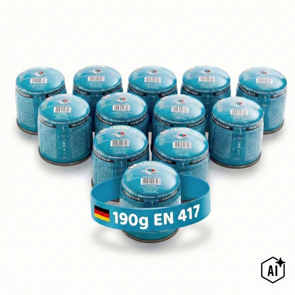 Set mit 12 Gaskartuschen für Campingkocher, 190 Gramm Inhalt, konform mit EN 417 Standard, ideal für Outdoor Aktivitäten.